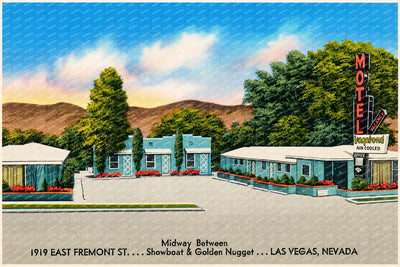 Las Vegas, NV: Vagabond Motel, midway between 1919 East Fremont St.... Showboat & Golden Nugget... Las Vegas