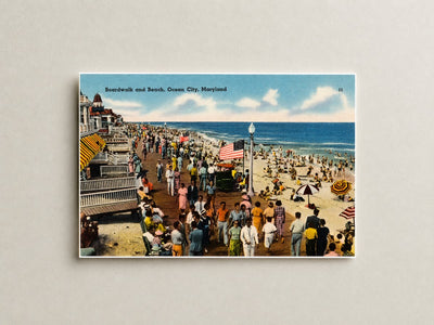 Boardwalk and beach, Ocean City, Maryland — Vintage Maryland Postcard
