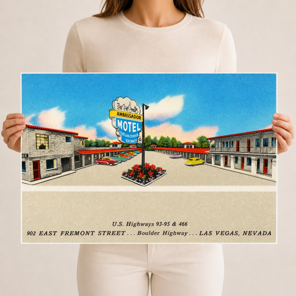 Las Vegas, NV: Ambassador Motel, U.S. Highways 93 - 95 & 466, 902 East Fremont Street... Boulder Highway... Las Vegas