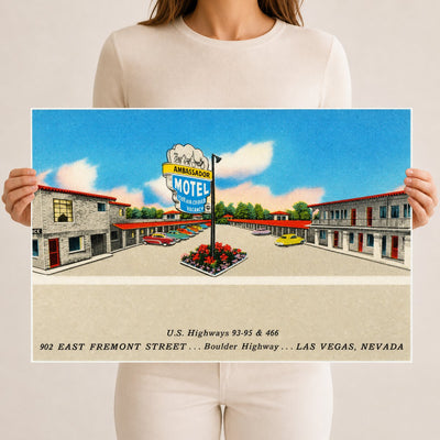 Las Vegas, NV: Ambassador Motel, U.S. Highways 93 - 95 & 466, 902 East Fremont Street... Boulder Highway... Las Vegas