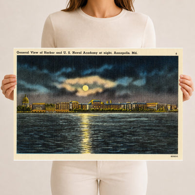 General view of harbor and U. S. Naval Academy at night, Annapolis, MD — Vintage Maryland Postcard