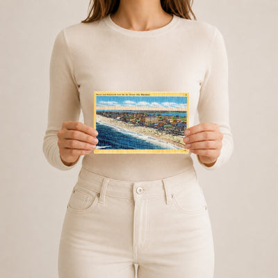Beach and boardwalk from the air, Ocean City, Maryland — Vintage Maryland Postcard
