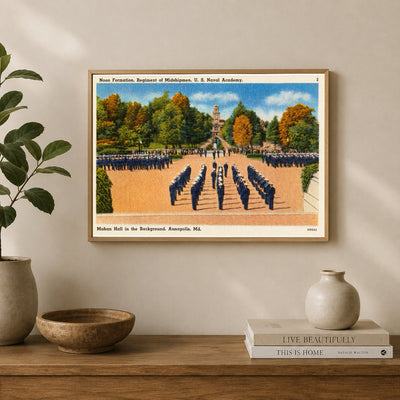 Noon formation, regiment of Midshipmen, U. S. Naval Academy, Mahan Hall in background, Annapolis, MD — Vintage Maryland Postcard