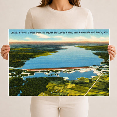 Sardis Lake, MS: Aerial view of Sardis Dam and upper and lower lakes, near Batesville and Sardis