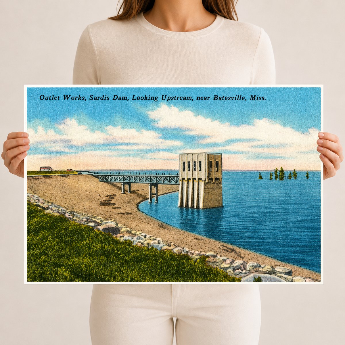 Sardis Lake, MS: Outlet works, Sardis Dam, looking upstream, near Batesville