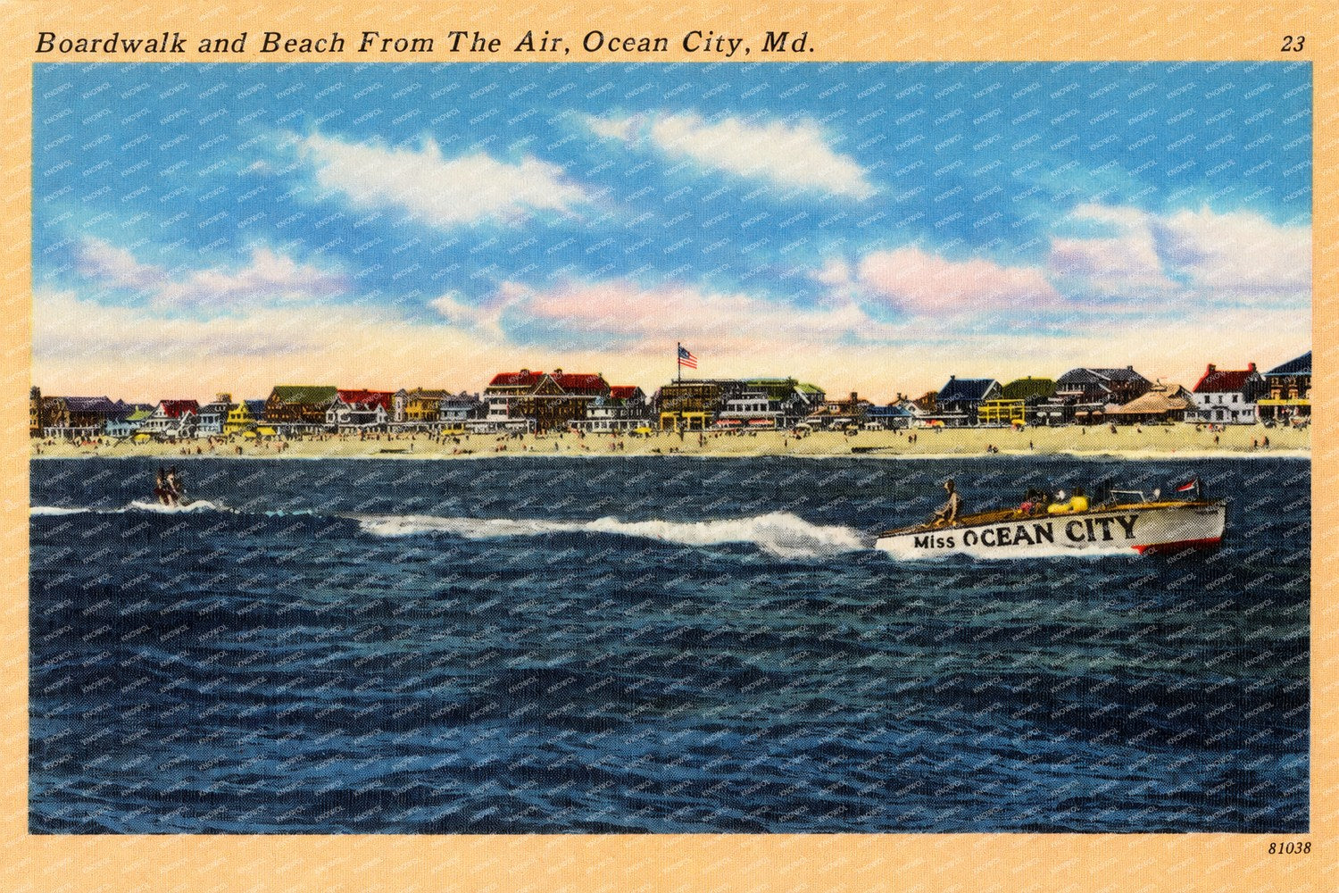 Boardwalk and beach from the air, Ocean City, MD — Vintage Maryland Postcard