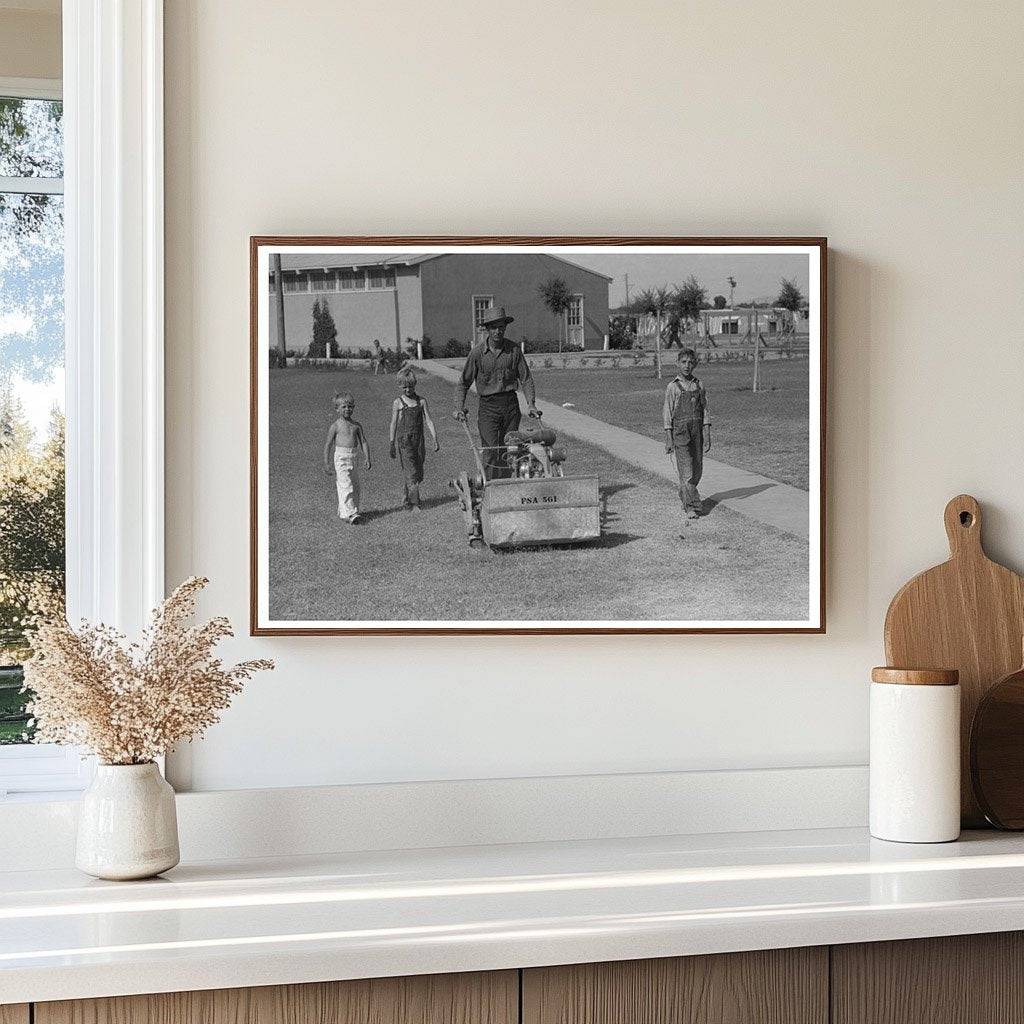 Agua Fria Migratory Labor Camp Worker Mowing Grass 1940 - Available at KNOWOL