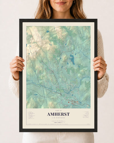 Amherst, New Hampshire map print, 12 x 18 in black wood frame
