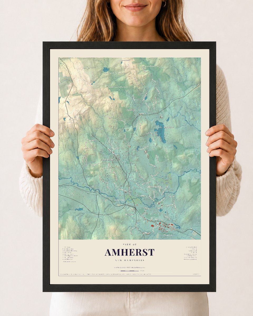 Amherst, New Hampshire map print, 12 x 18 in black wood frame