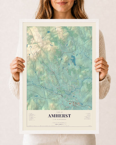Amherst, New Hampshire map print, 12 x 18 in white wood frame