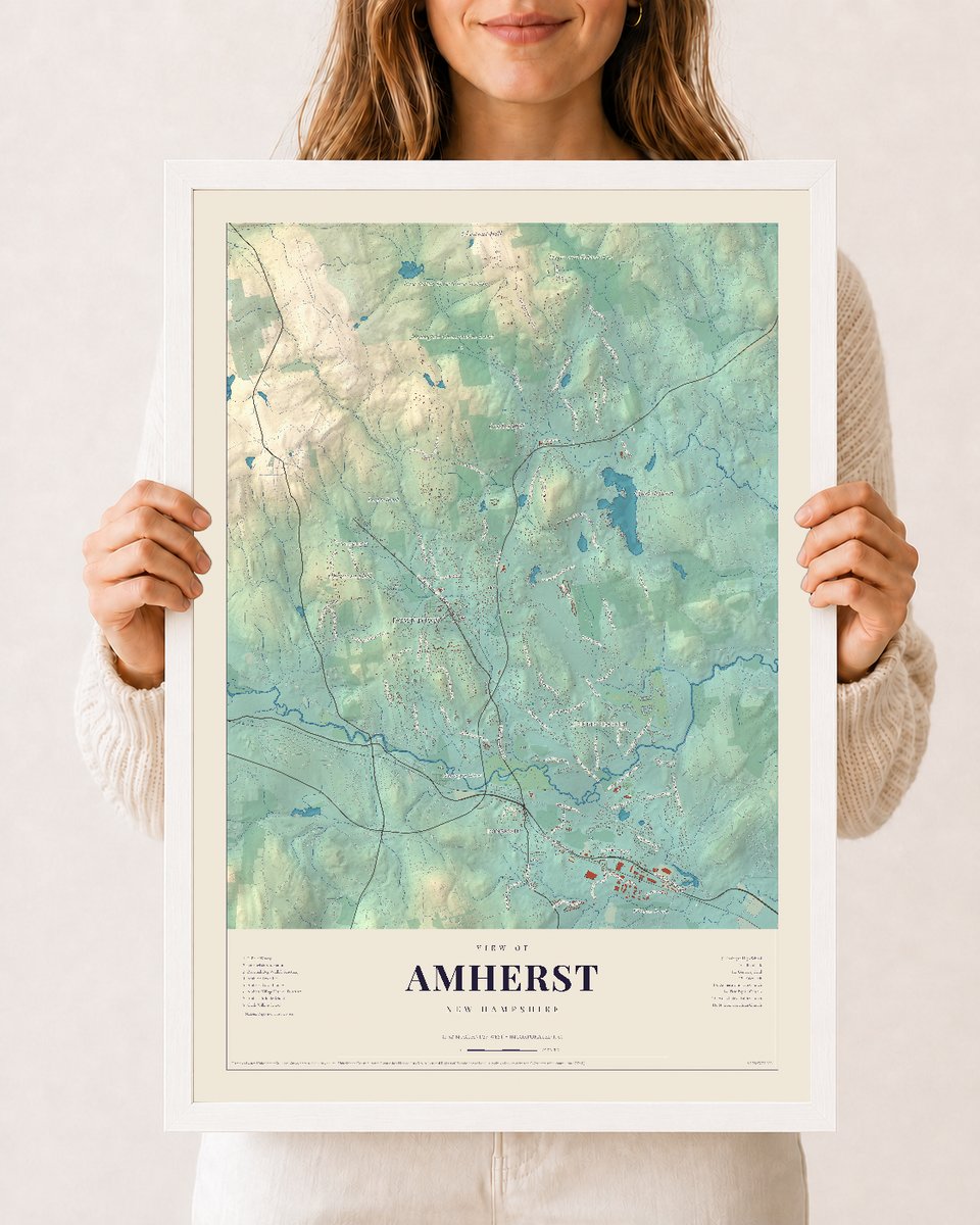 Amherst, New Hampshire map print, 12 x 18 in white wood frame