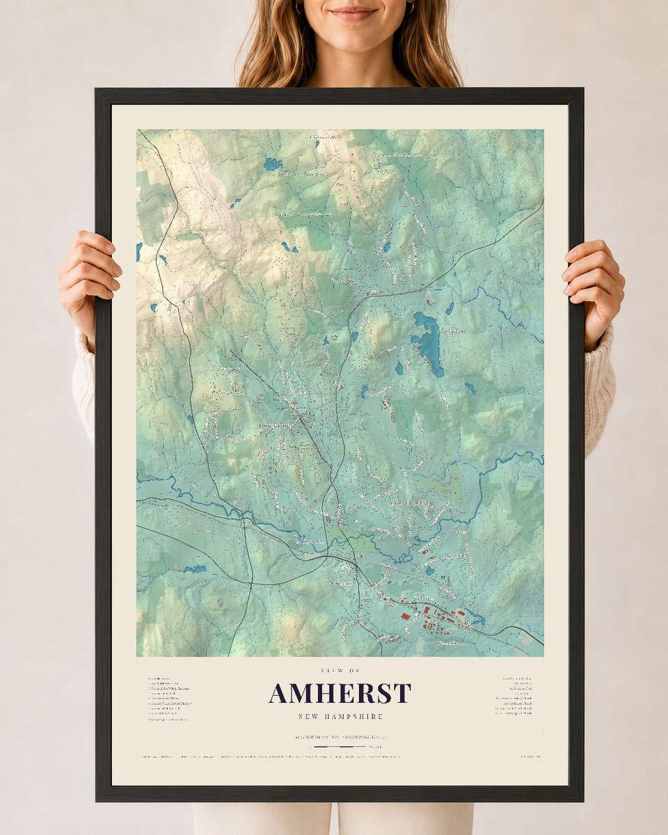 Amherst, New Hampshire map print, 24 x 36 in black wood frame