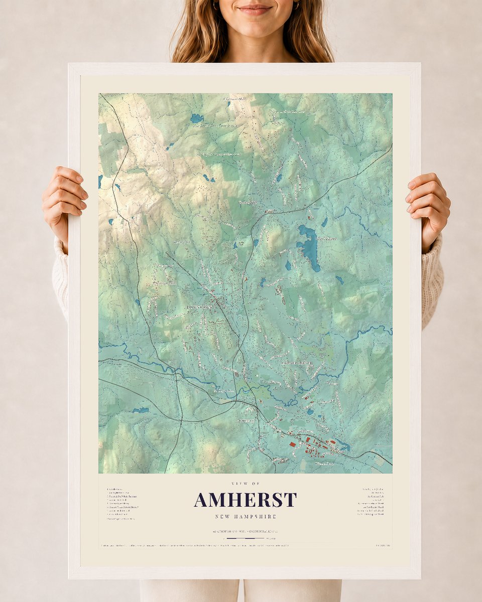 Amherst, New Hampshire map print, 24 x 36 in white wood frame