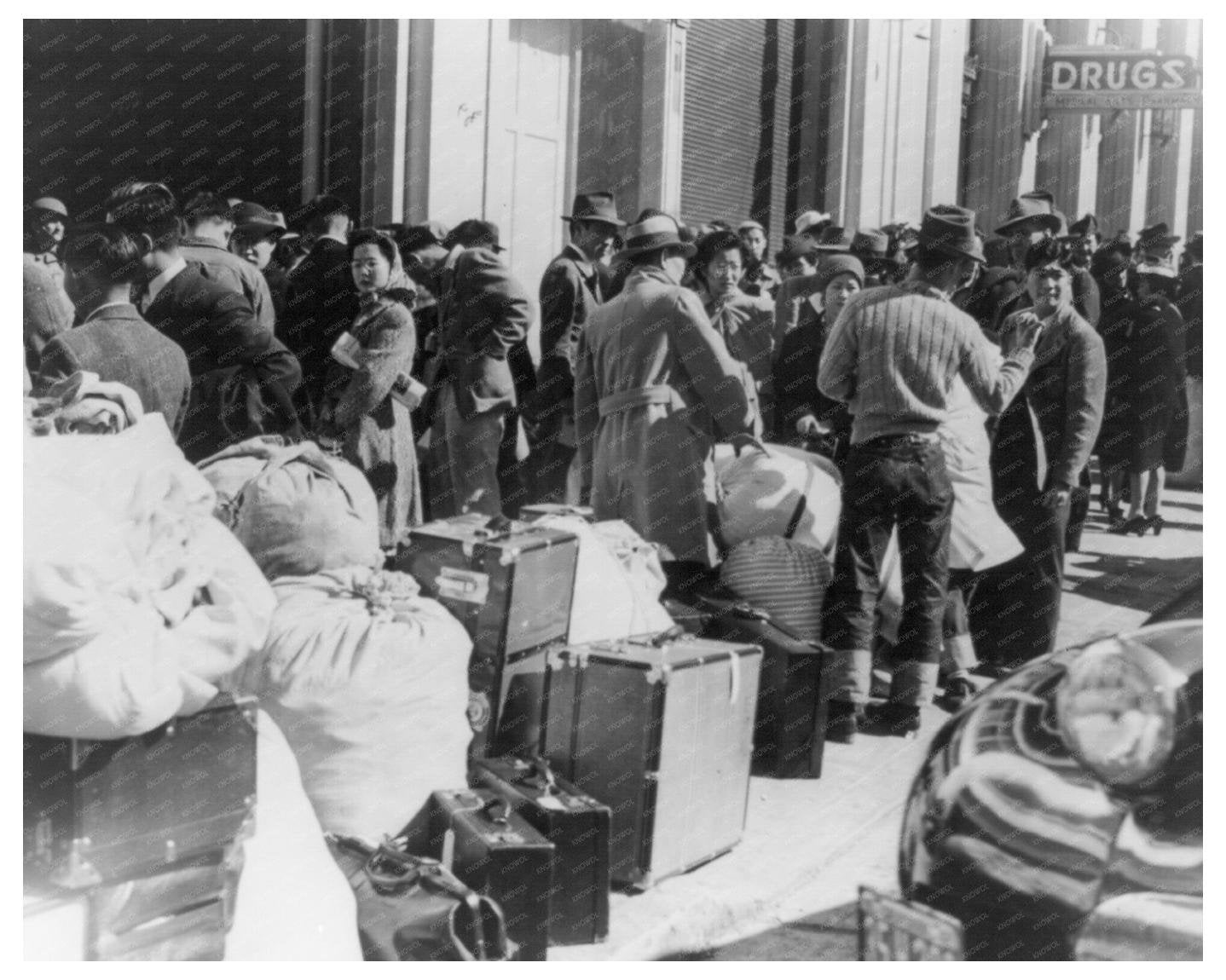 April 1942 Japanese American Residents Waiting for Bus in San Francisco Historic Print - Available at KNOWOL