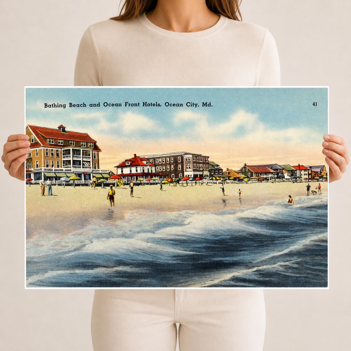 Bathing Beach and ocean front hotels, Ocean City, MD — Vintage Maryland Postcard