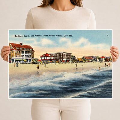 Bathing Beach and ocean front hotels, Ocean City, MD — Vintage Maryland Postcard