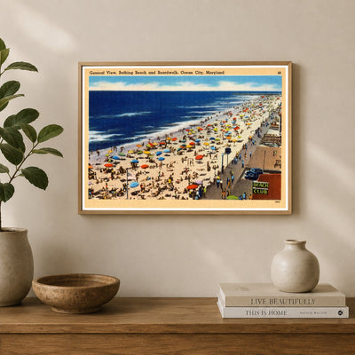 General view, Bathing Beach and boardwalk, Ocean City, Maryland — Vintage Maryland Postcard
