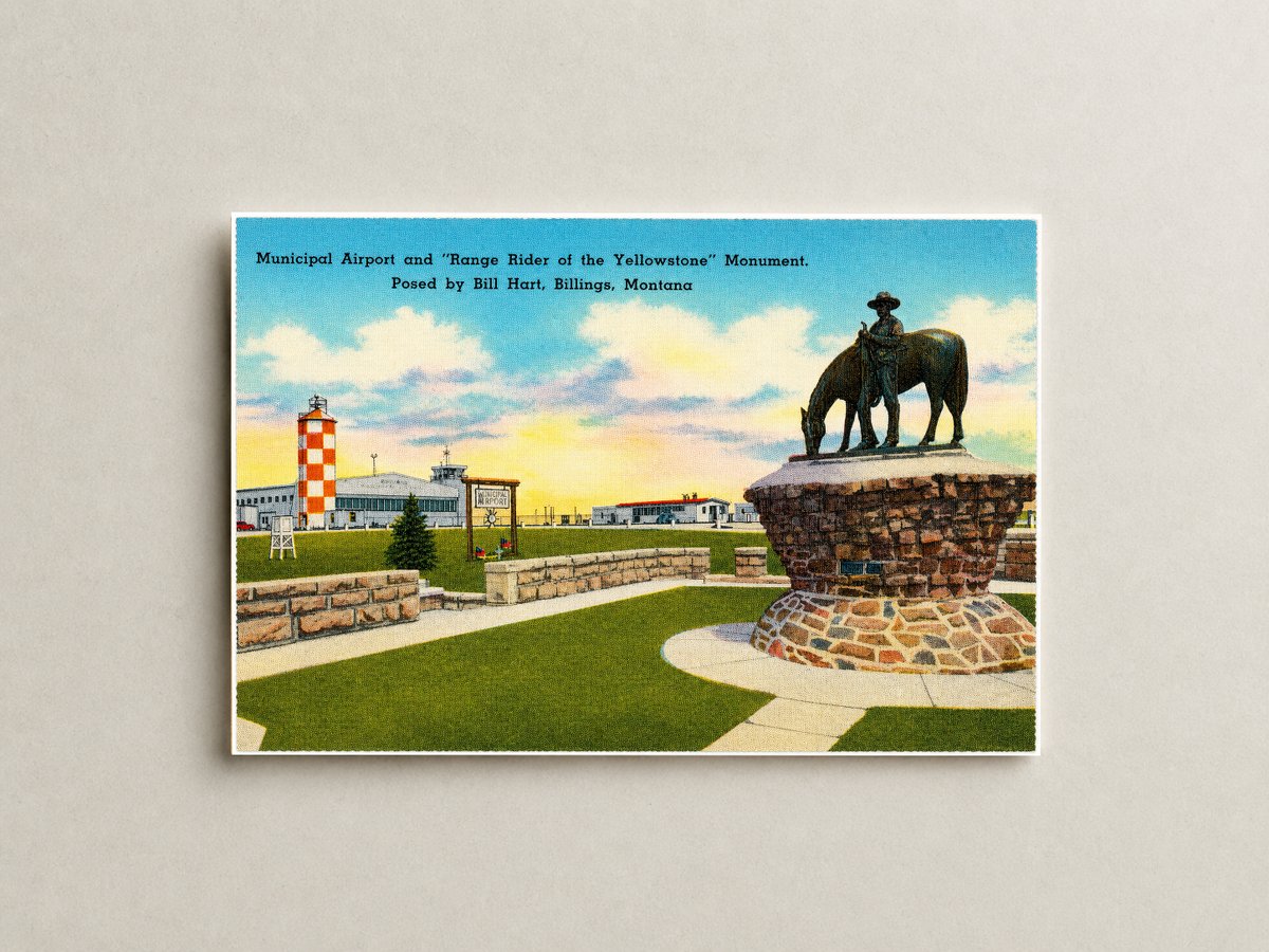 Billings, MT: Municipal Airport and "Range of the Yellowstone" Monument, posed by Bill Hart