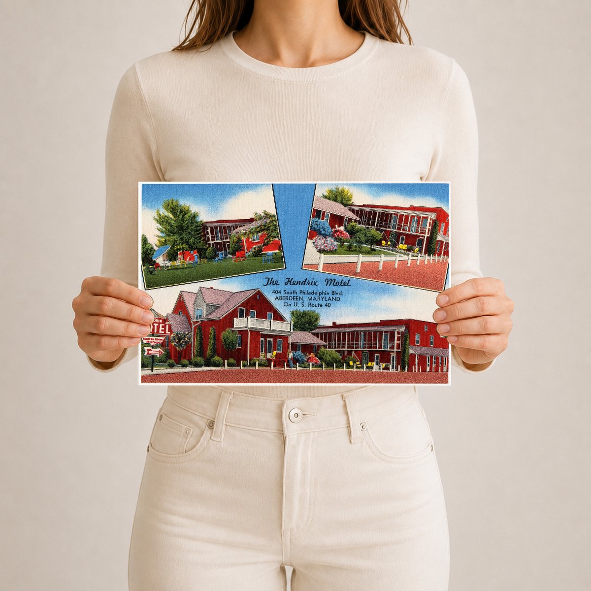 The Hendrix Motel, 404 South Philadelphia Blvd., Aberdeen, Maryland on U. S. Route 40 — Vintage Maryland Postcard