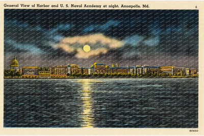 General view of harbor and U. S. Naval Academy at night, Annapolis, MD — Vintage Maryland Postcard