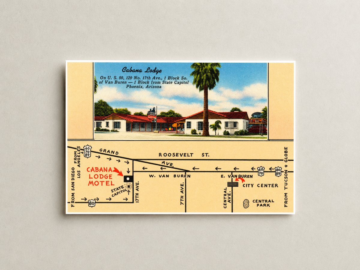 Phoenix, AZ: Cabana Lodge, on US 80, 120 No. 117th Ave., 1 block so. Of Van Buren- 1 block from state capitol