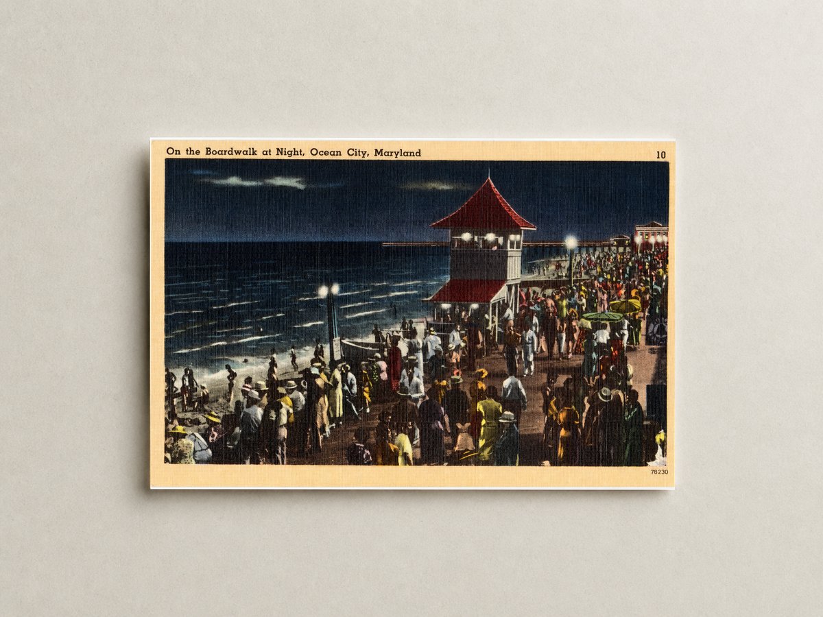 On the boardwalk at night, Ocean City, Maryland — Vintage Maryland Postcard