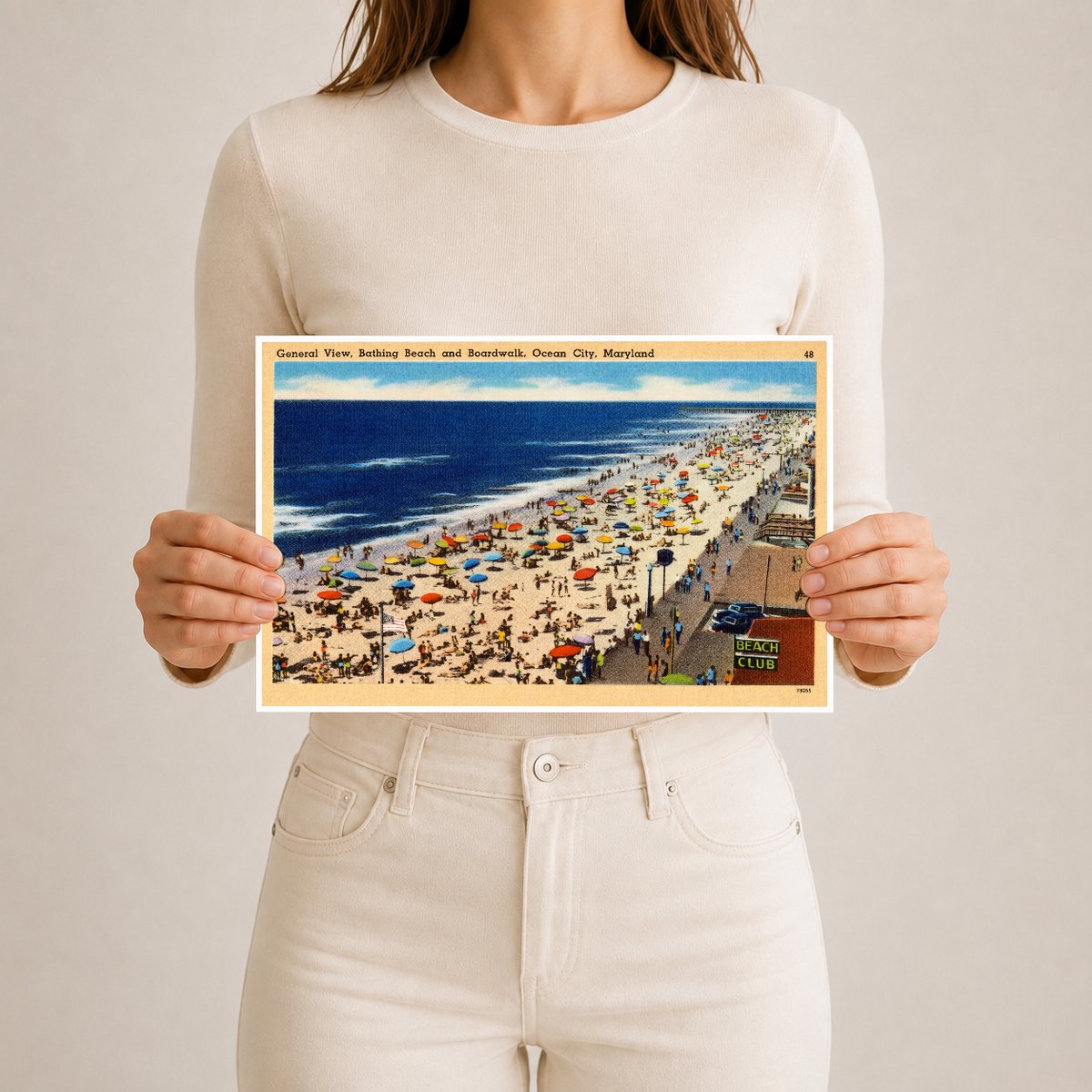 General view, Bathing Beach and boardwalk, Ocean City, Maryland — Vintage Maryland Postcard