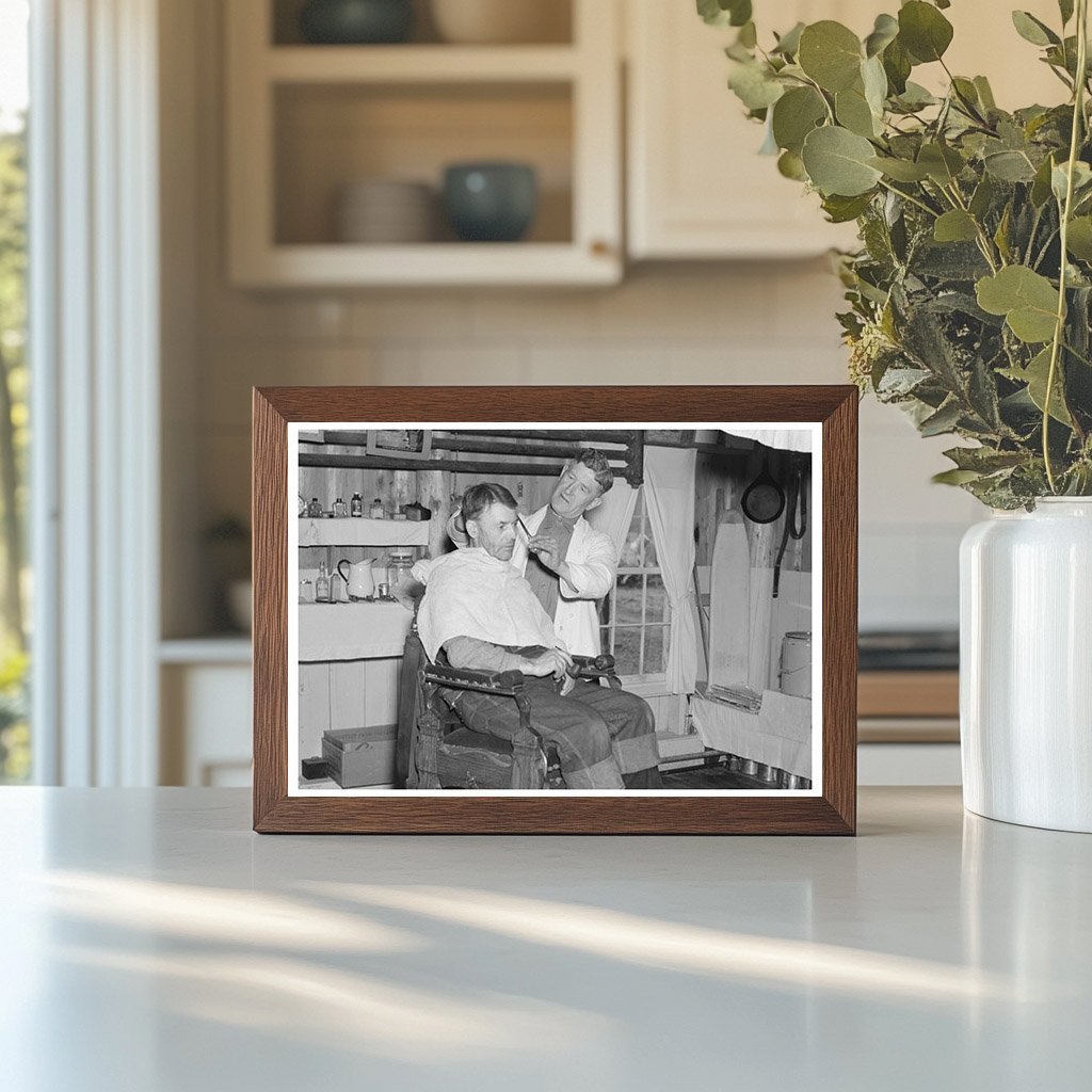 Barber Shop in Lumber Camp Hagerman Lake Michigan 1937 - Available at KNOWOL