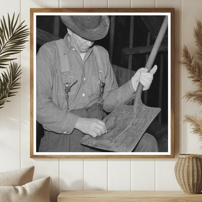 Barn Boss Cleaning Shovel at Logging Camp 1937 - Available at KNOWOL