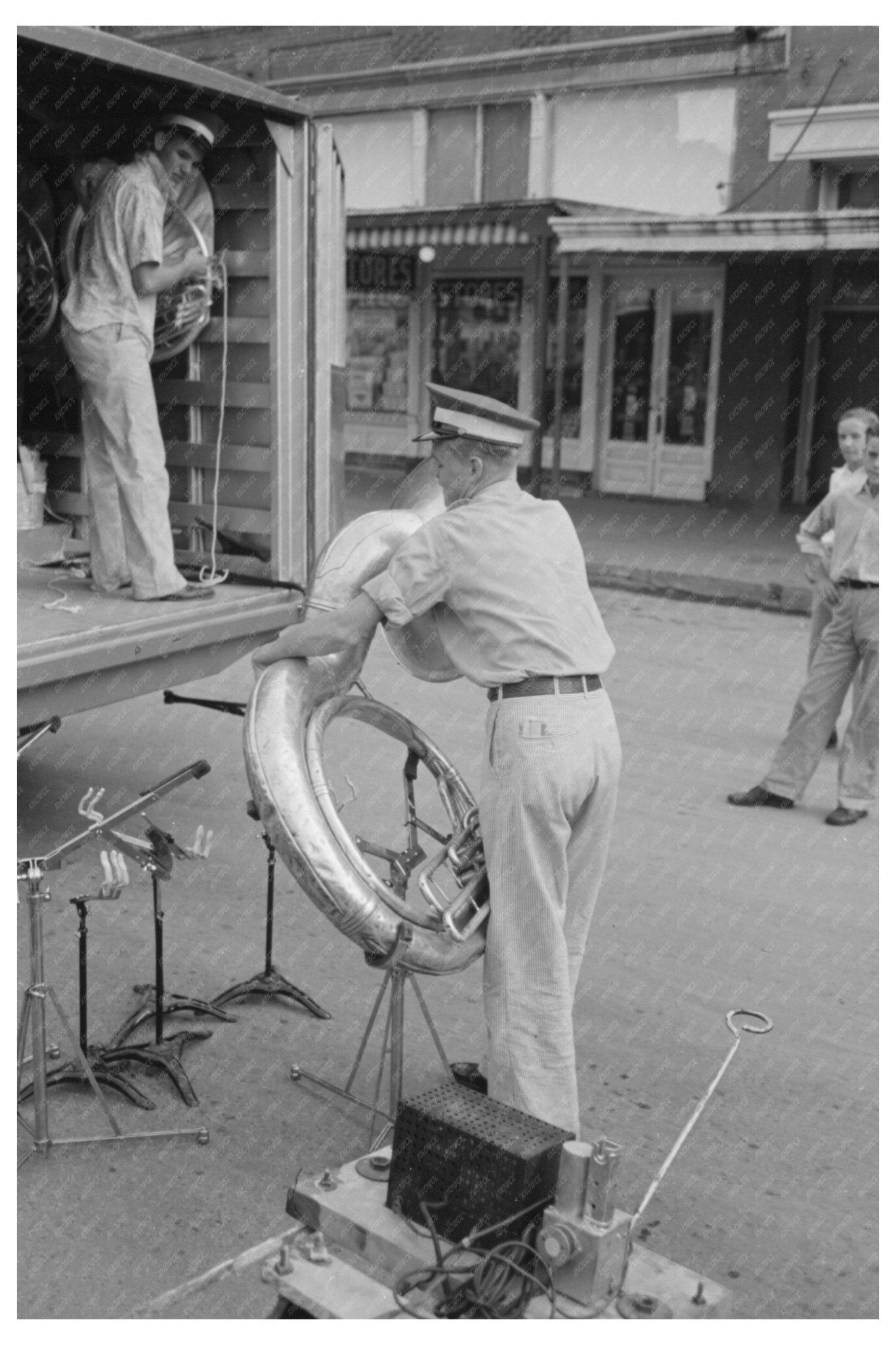 Bass Horn Setup at National Rice Festival Crowley 1938 - Available at KNOWOL