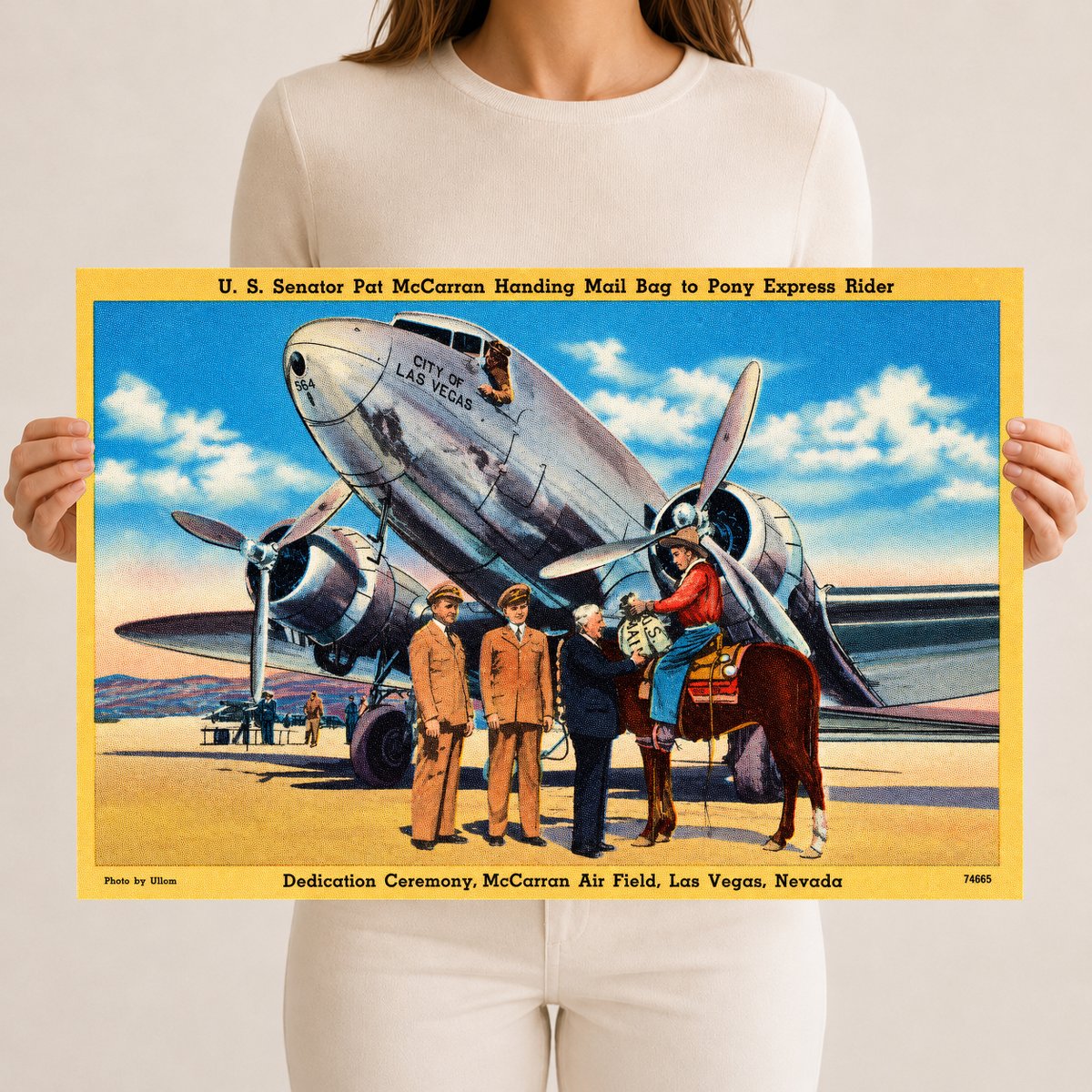 Las Vegas, NV: U.S. Senator Pat McCarran handing mail bag to Pony Express rider, Dedication Ceremony, McCarran Air Field