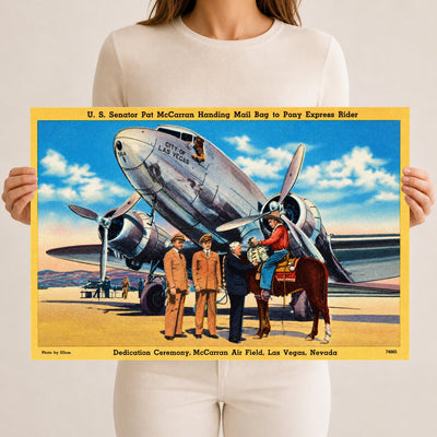 Las Vegas, NV: U.S. Senator Pat McCarran handing mail bag to Pony Express rider, Dedication Ceremony, McCarran Air Field