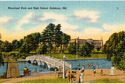Municipal park and high school, Salisbury, MD — Vintage Maryland Postcard