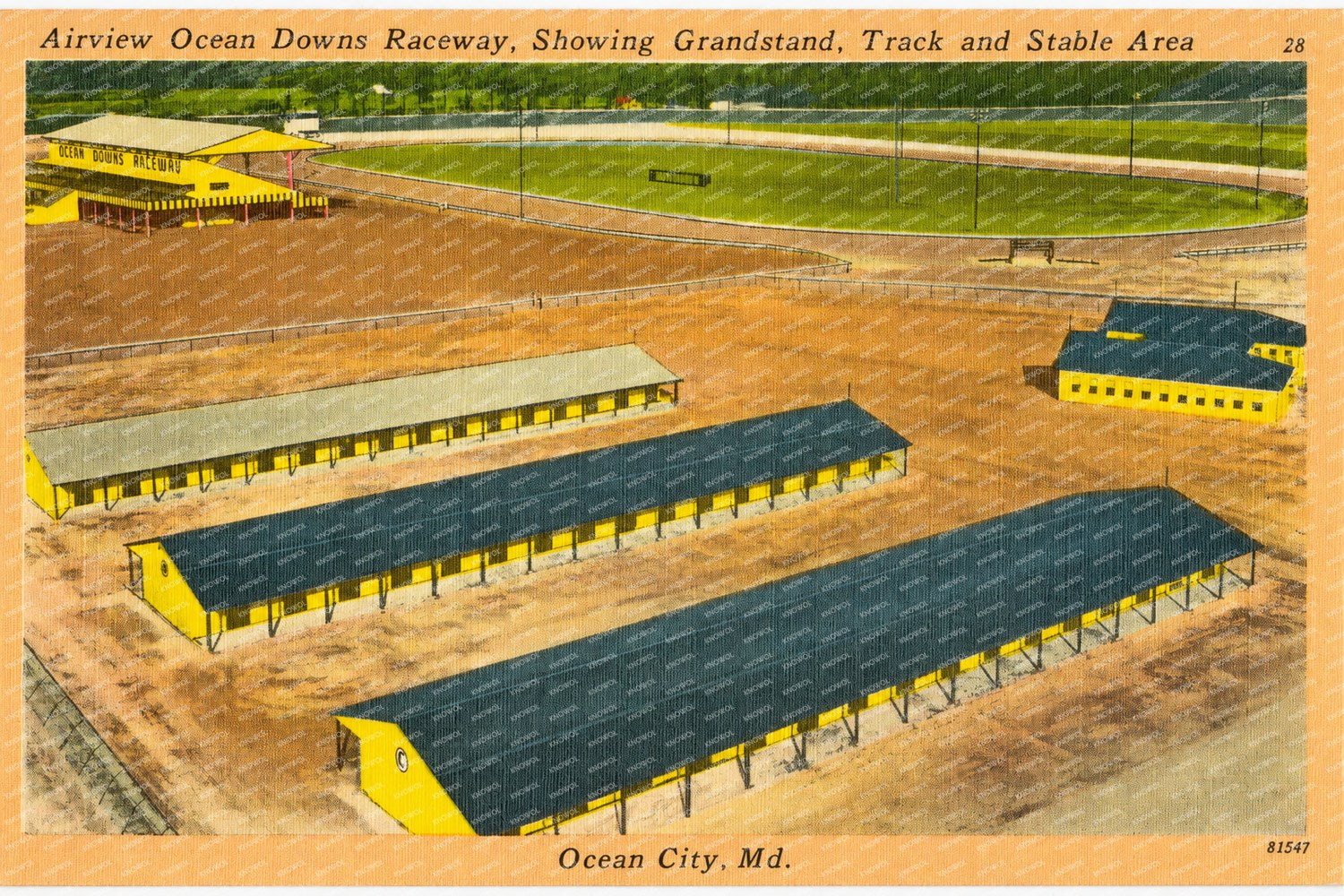 Airview Ocean Downs Raceway, showing grandstand, track and stable area, Ocean City, MD — Vintage Maryland Postcard