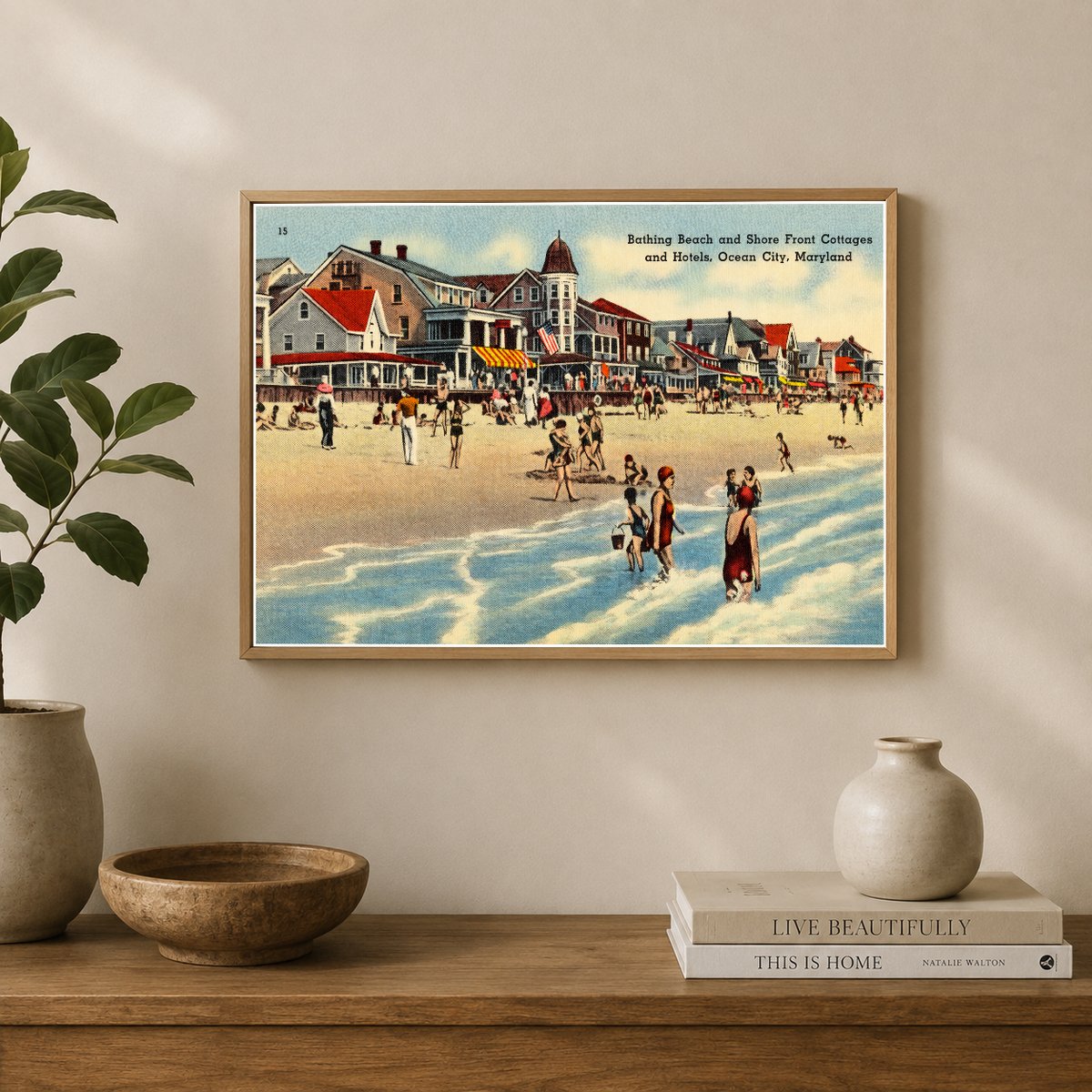 Bathing Beach and shore front cottages and hotels, Ocean City, Maryland — Vintage Maryland Postcard