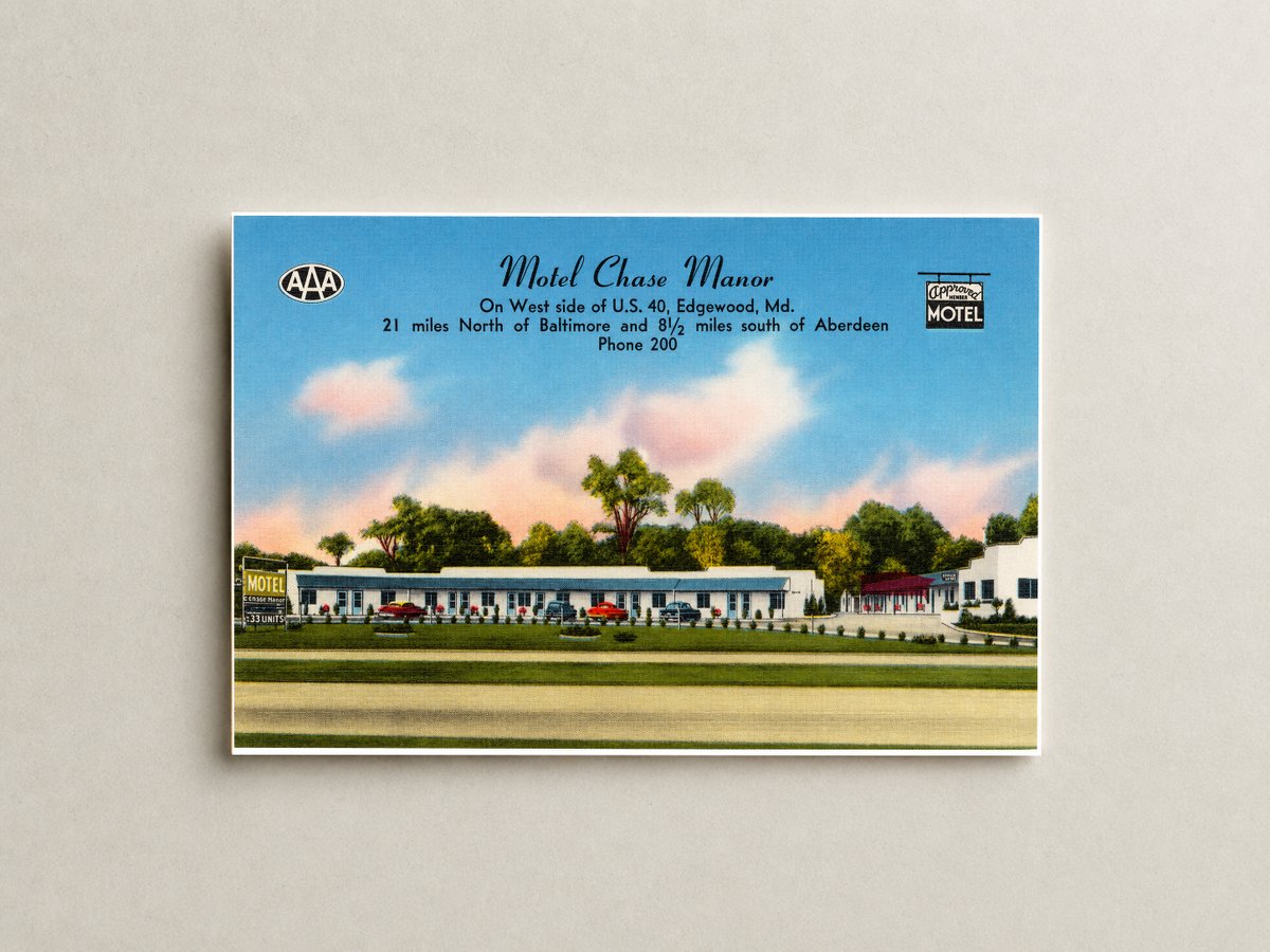Motel Chase Manor, On west side of U. S. 40, Edgewood, MD, 21 miles north of Baltimore and 8 1/2 miles south of Aberdeen — Vintage Maryland Postcard