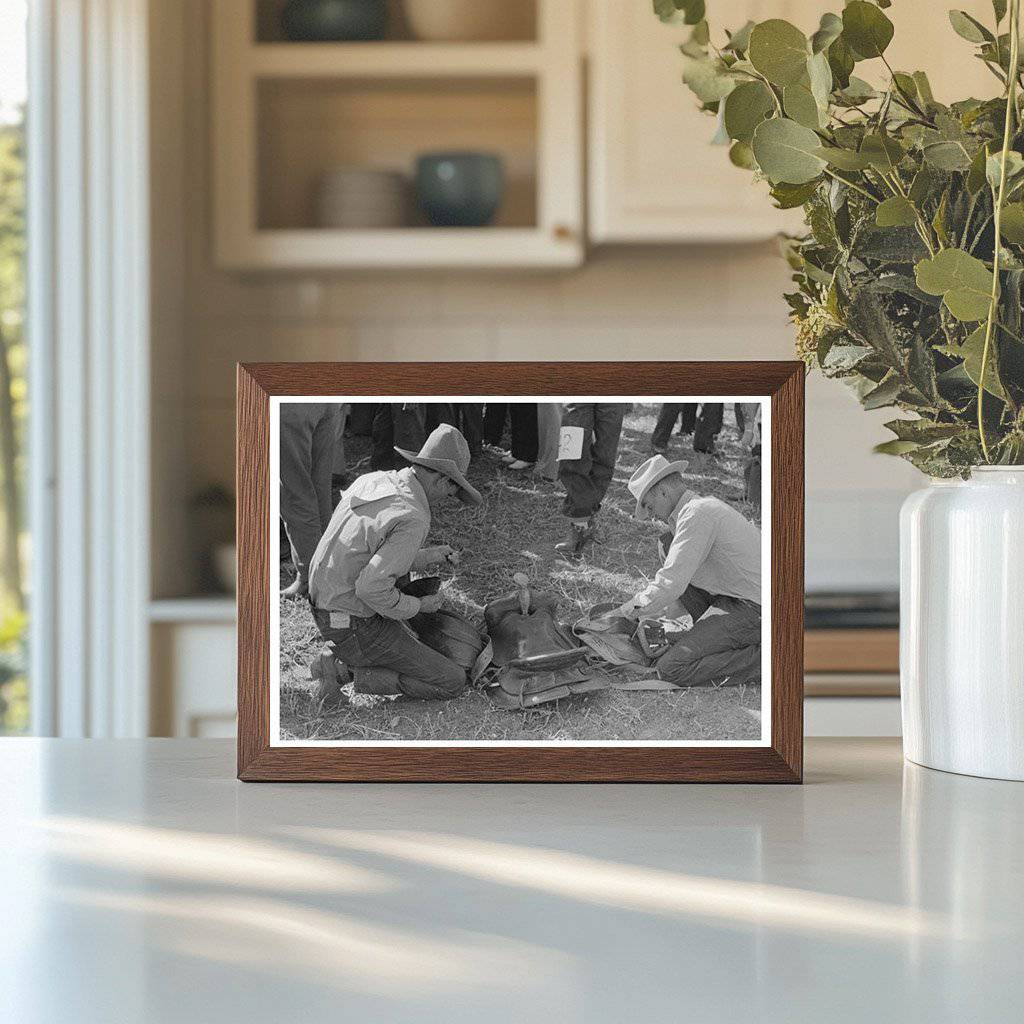 Bean Day Rodeo Contestant Examines Saddle 1939 - Available at KNOWOL