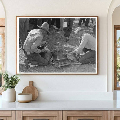 Bean Day Rodeo Contestant Examines Saddle 1939 - Available at KNOWOL