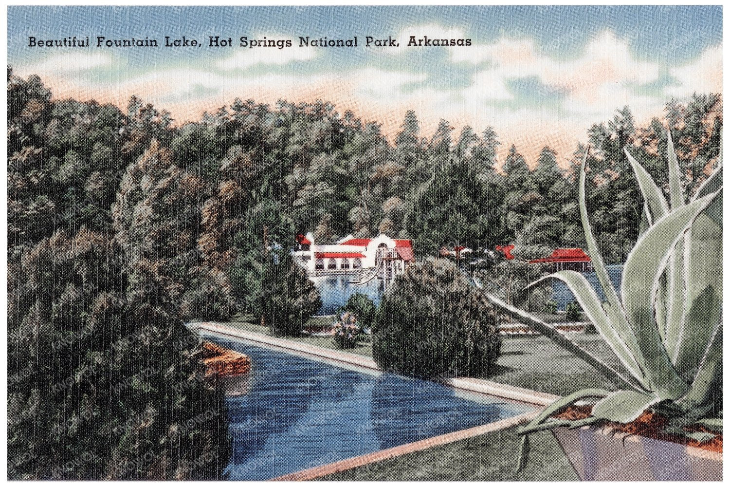 Beautiful Fountain Lake Postcard Hot Springs National Park 1945 - Available at KNOWOL