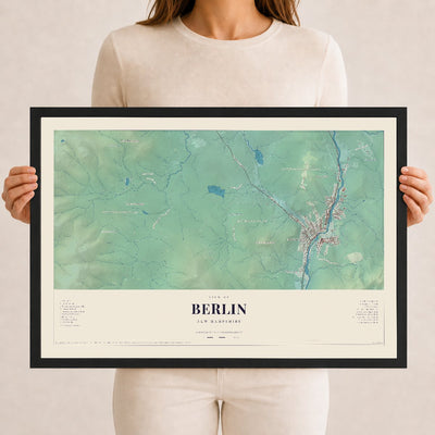 Berlin, New Hampshire map print, 12 x 18 in black wood frame