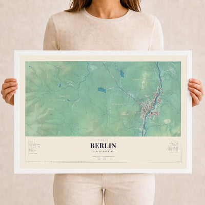Berlin, New Hampshire map print, 12 x 18 in white wood frame