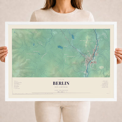 Berlin, New Hampshire map print, 18 x 24 in white wood frame