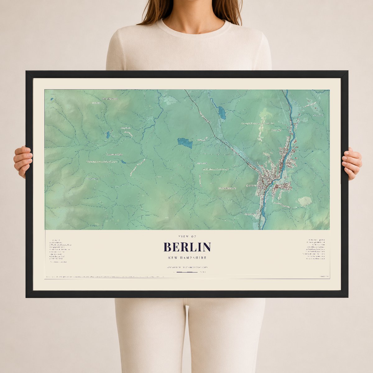 Berlin, New Hampshire map print, 24 x 36 in black wood frame