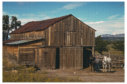 Bill Stagg in front of barn Pie Town New Mexico 1940 - Available at KNOWOL