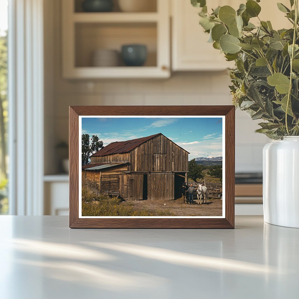 Bill Stagg in front of barn Pie Town New Mexico 1940 - Available at KNOWOL