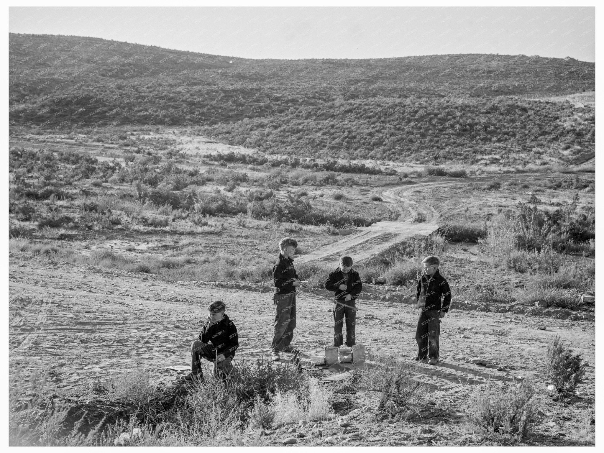 Boys Waiting for School Bus in Dead Ox Flat Oregon 1939 - Available at KNOWOL