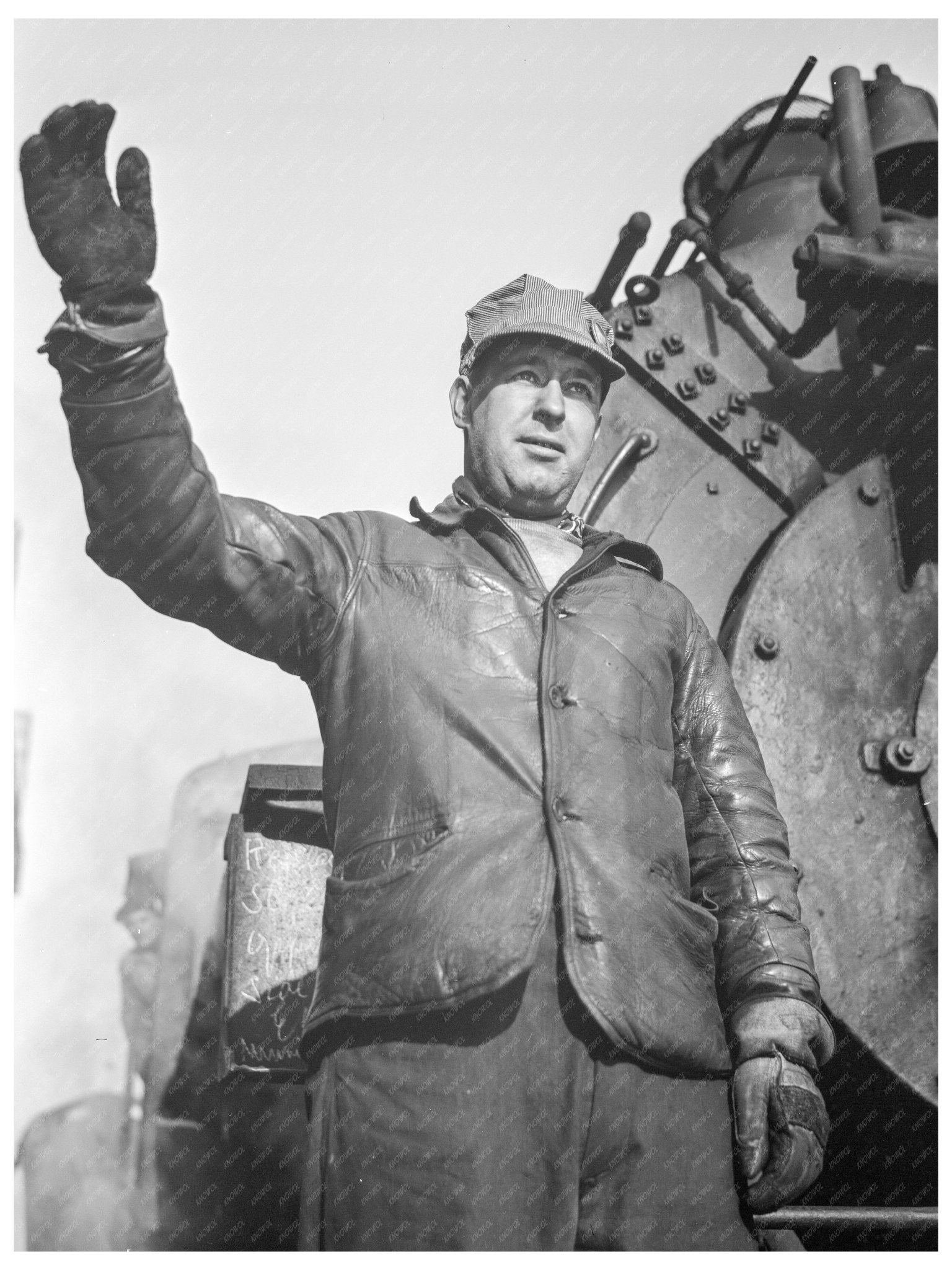 Brakeman on Train Transporting Liberty Ship Parts 1944 - Available at KNOWOL