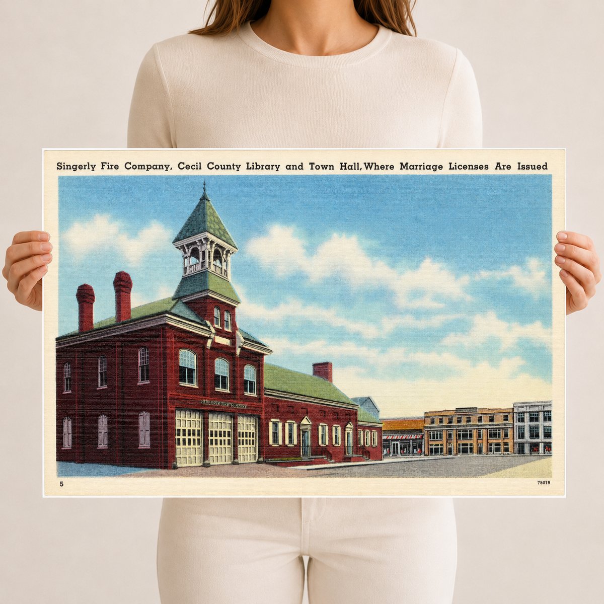 Singerly Fire Company, Cecil County Library and Town Hall, where marriage licenses are issued — Vintage Maryland Postcard