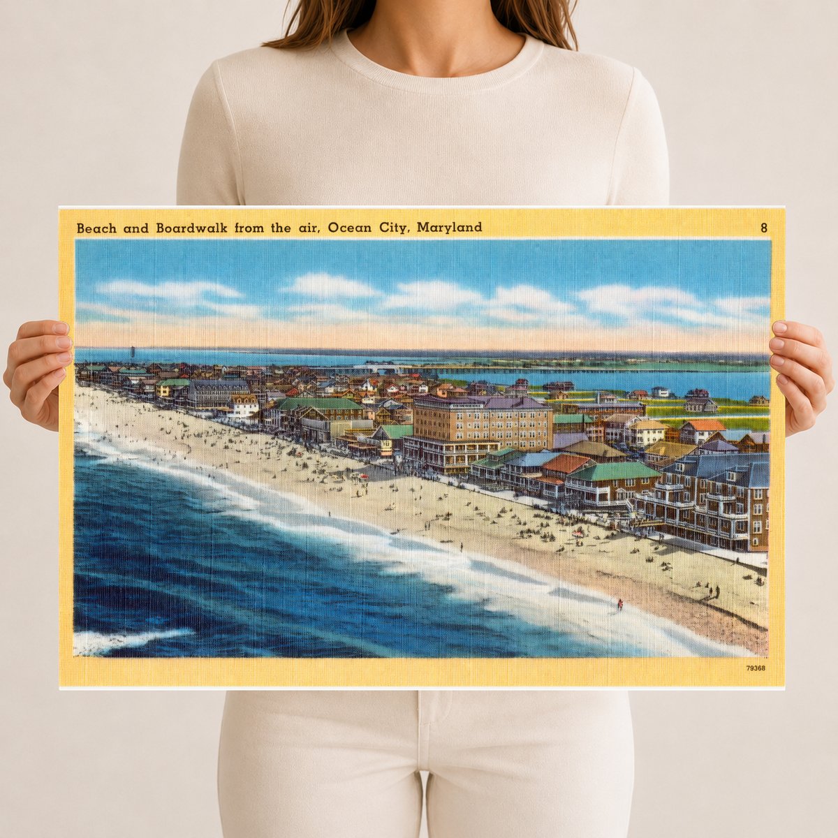 Beach and boardwalk from the air, Ocean City, Maryland — Vintage Maryland Postcard