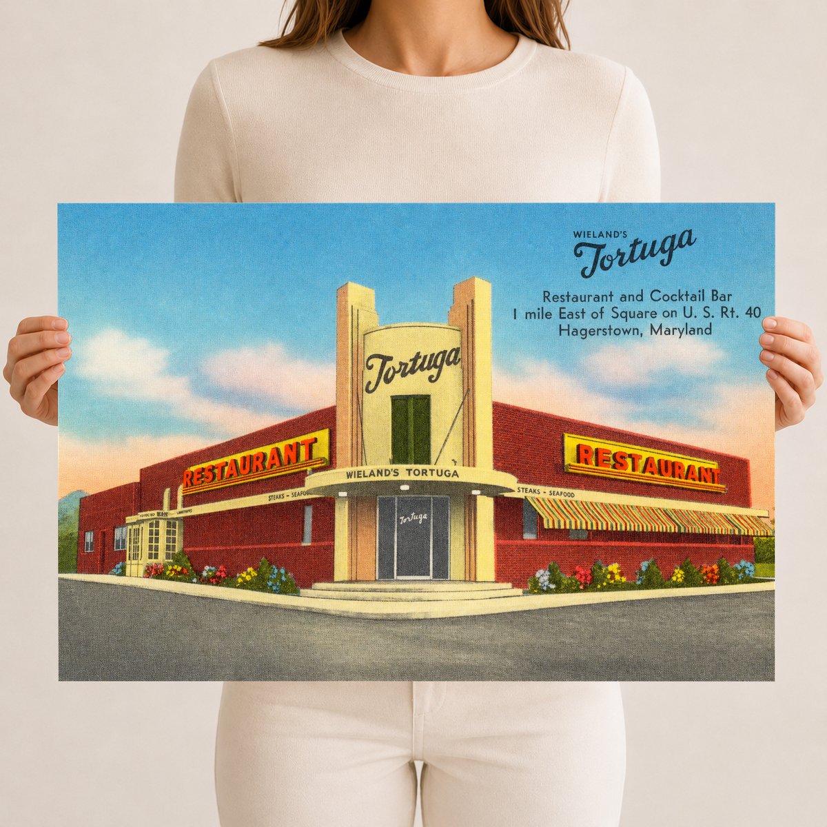 Wieland's Tortuga, restaurant and cocktail bar, 1 mile east of square on U. S. Rt. 40, Hagerstown, Maryland — Vintage Maryland Postcard